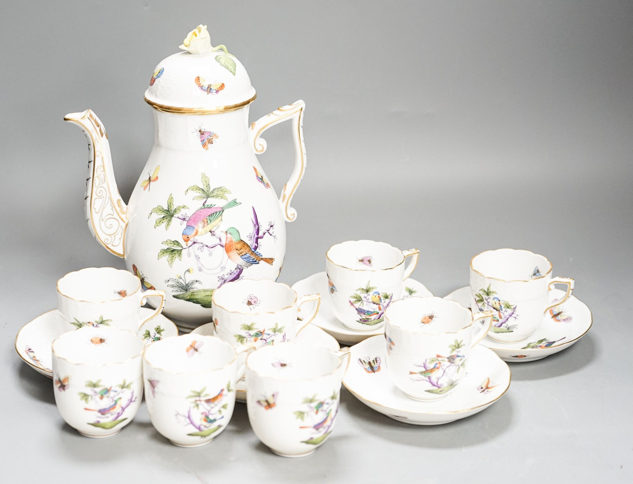 A Herend Rothschild birds pattern coffee pot and cover and eight coffee cups and five saucers
